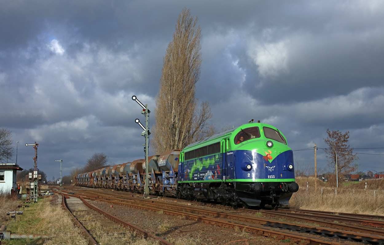 Under threatening skies Altmark Rail MY 1155 departs Gross Ammensleben (DE) as photo freight train 95453 from Oebisfelde to Barleben.